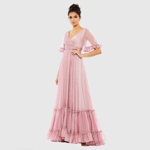 NWT Mac Duggal Butterfly Ruffle Trimmed Sleeve Wrap Over Flowy Gown Rose #A0544